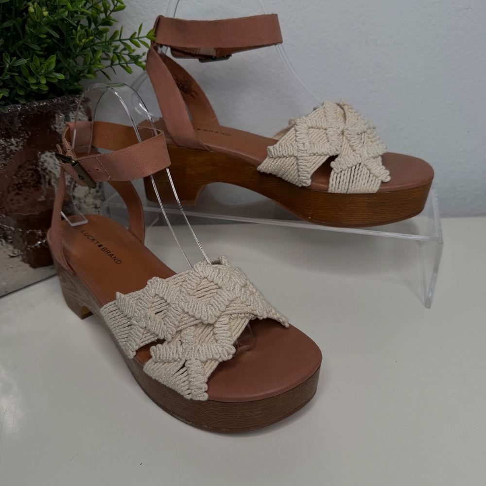 Lucky Brand Platform Sandals Womens Tan Macrame Woven Boho 7.5M